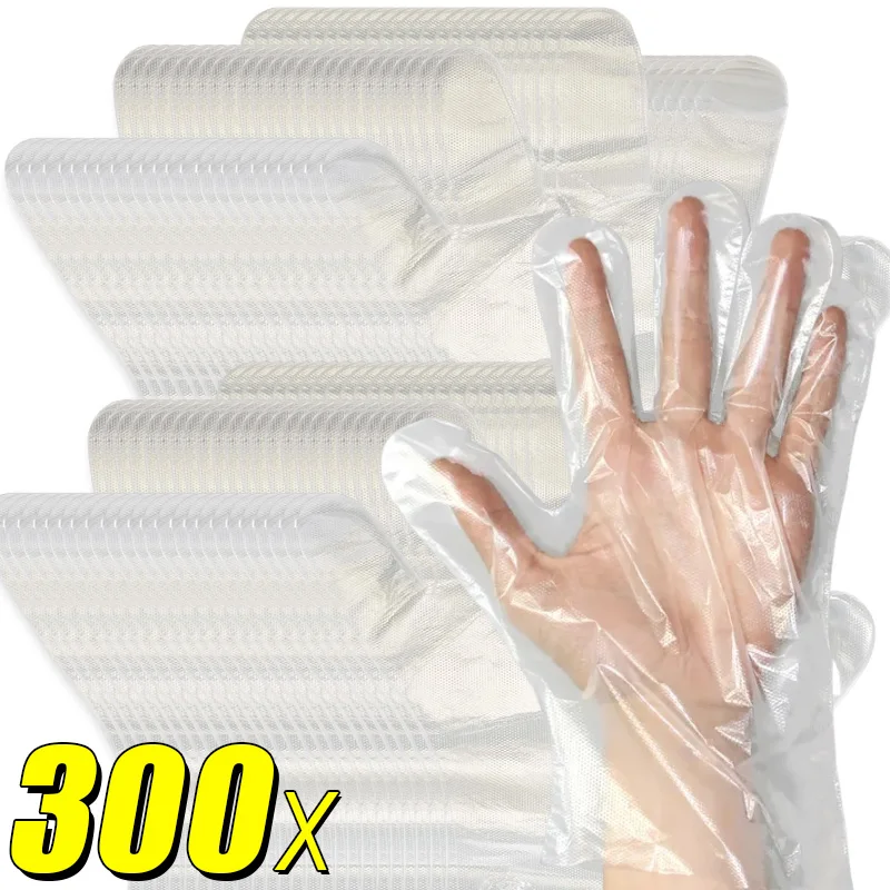 300/100PCS Plastic Disposable Gloves Food Grade Transparent Waterproof Glove BBQ Fruit Vegetable Chicken Pizza Glove Kitchenware