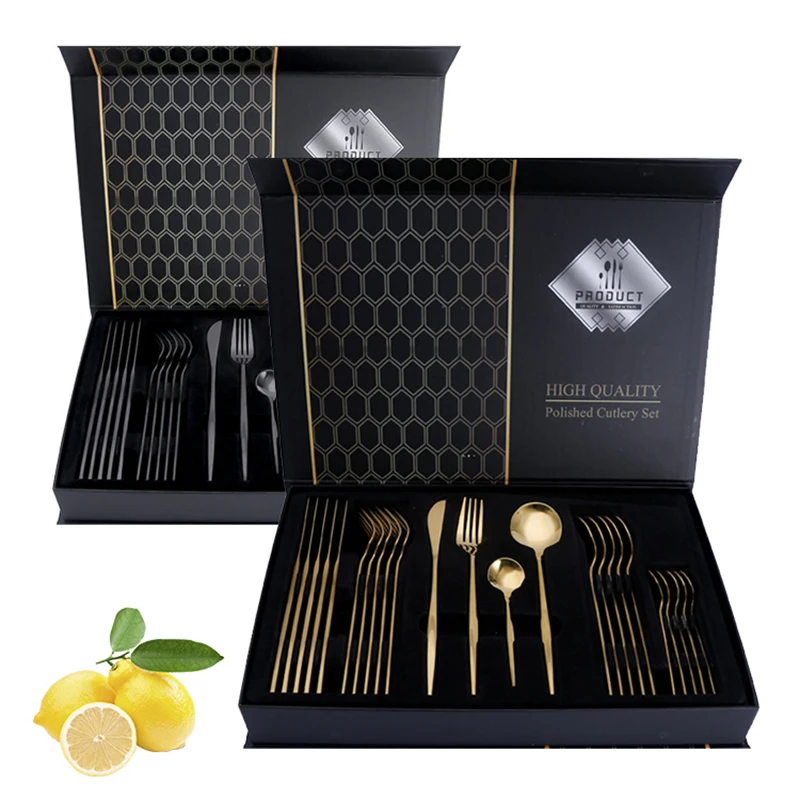 Description Picture 2 of item24pcs Gold Flatware Set Stainless Steel Cutlery Gift Box Set - Mirror Polished Luxury Western Food Steak Knife Spoon Suitable