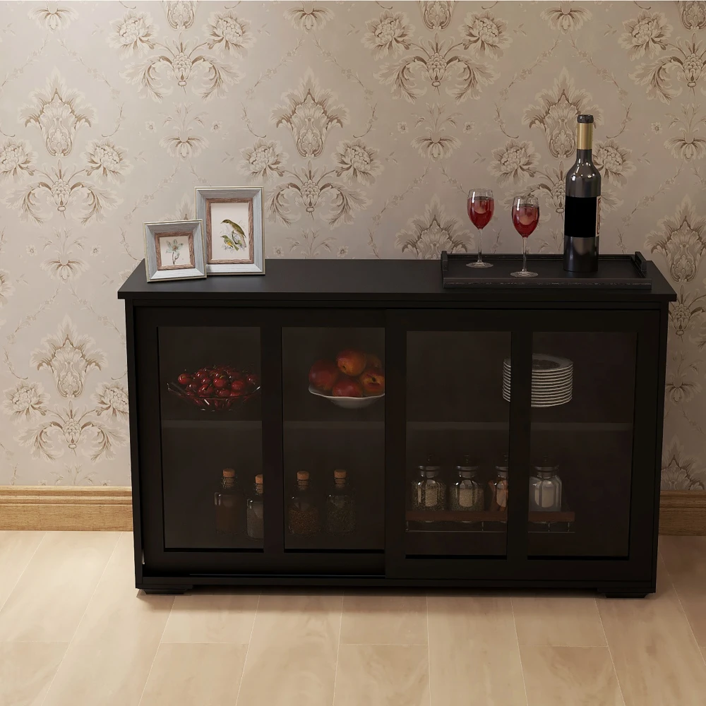 Kitchen Storage Stand Cupboard with Glass Door-Black Shaped Industrial Freestanding Floor Bar Cabinets Liquor Glasses Storage