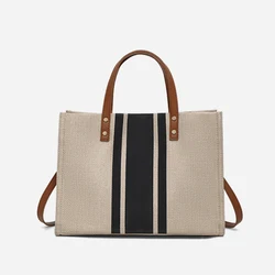 Elegant Stripe Canvas Tote Bag - Large Capacity Handbag (Black)