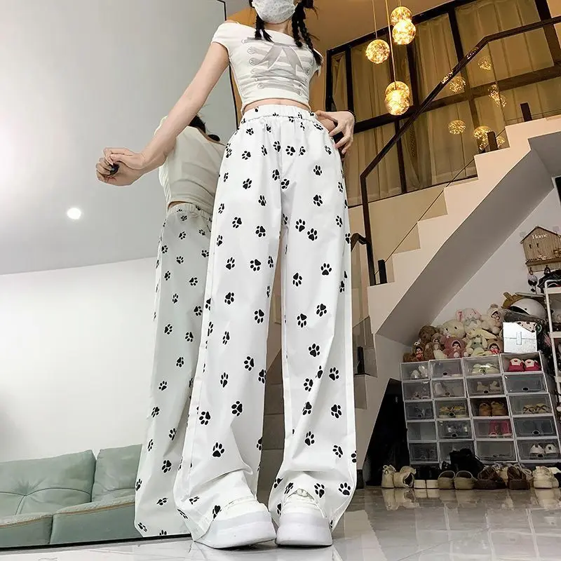 Lazy Spicy Girl Elastic High Waist Loose Casual Wide Leg Pants Women's Patchwork Pocket Dog Paw Cartoon Print Straight Trousers
