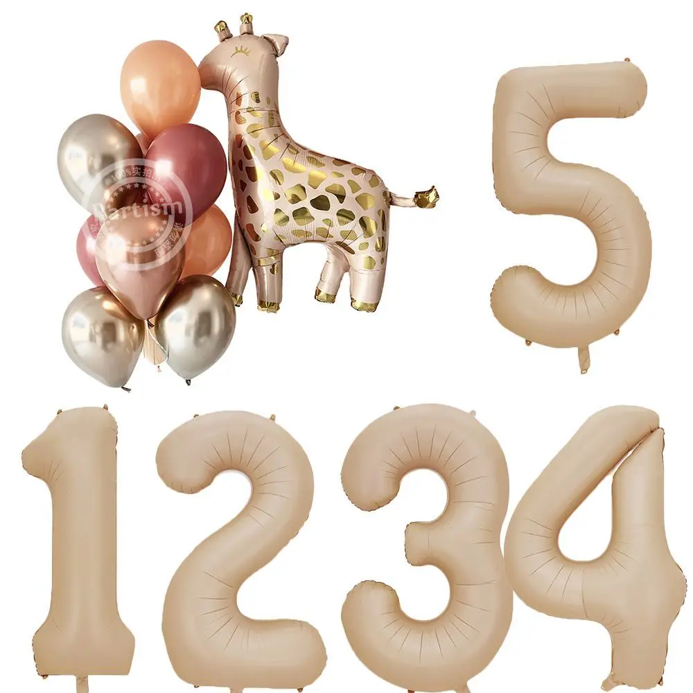 1set New Carton Giraffe Balloon Set with Caramel Color Number Balloon for Kids Happy Birthday Party Decoration DIY Gifts Supply