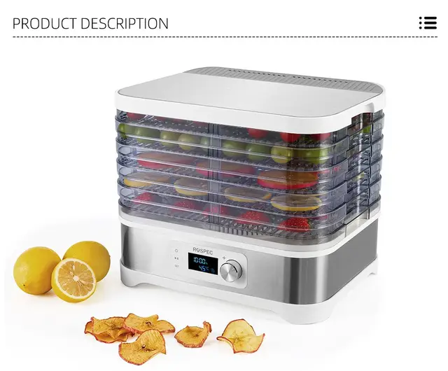 ROSPEC BPA FREE 5 Trays Food Processor Food Dehydrator Stainless Steel  Drying Fruit Machine Electric Air Dryer Drying Meat