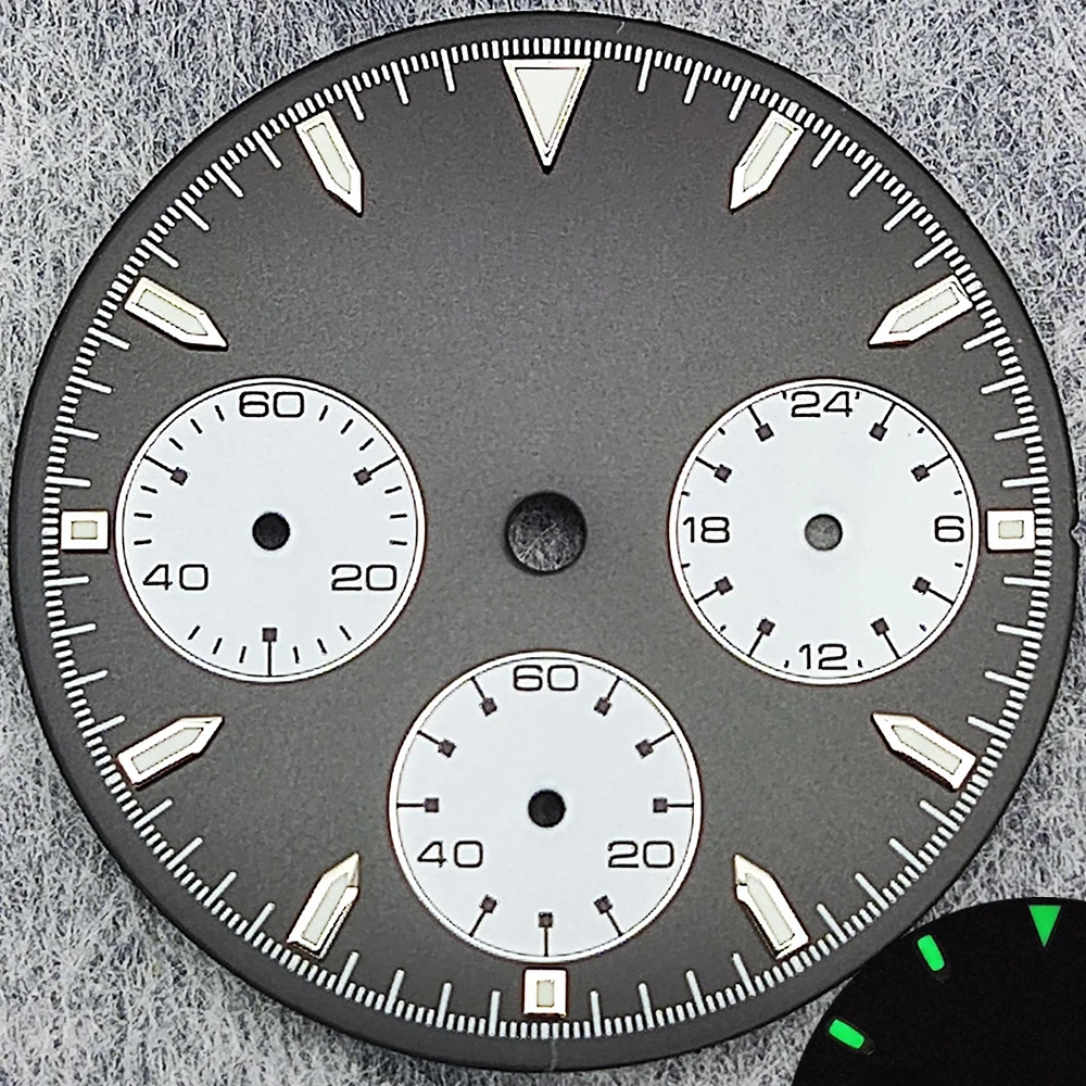 29.5mm Green Luminous Chronograph Dial with 6 Hands for Quartz Movement Watches