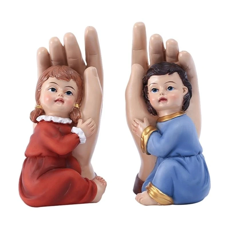 F26C Resins Boy and Girl In Hand Figures Children Sculpture Ornaments Set Classical Home Church Religious Decorations Gift