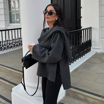 TRAF 2024 Plush Winter Coats for Women Asymmetric Scarf Demi-season Jacket for Women Parkas Long Sleeve Padded Coat Woman Jacket 6