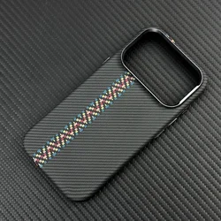 Carbon Fiber Texture Magnetic Armor Case - Ultrathin Alloy Lens, Wireless Charging Hard Cover - iPhone 15 (C)