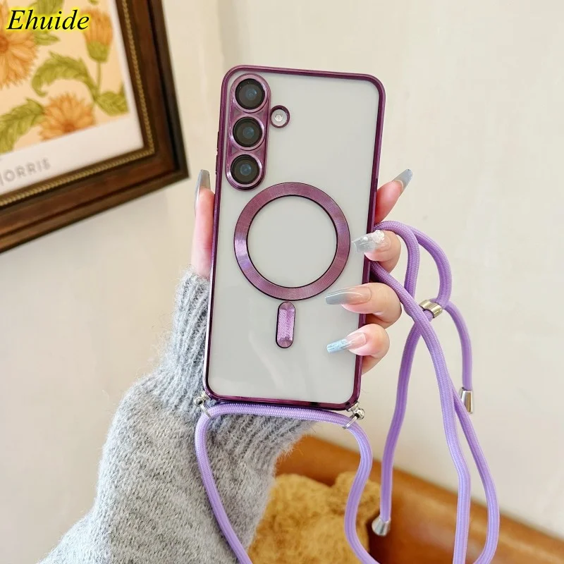 Magnetic Transparent Plating Crossbody Lanyard Phone Case with MagSafe