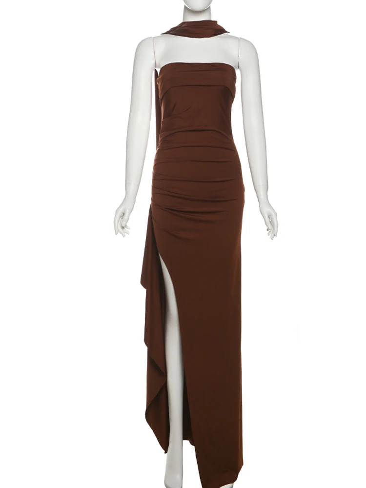 Nibber Elegant Scarf+Folds Maxi Dress Women Irregular High Slit Elasticity Wrap Temperament Summer Trend Banquet Solid Vestidos