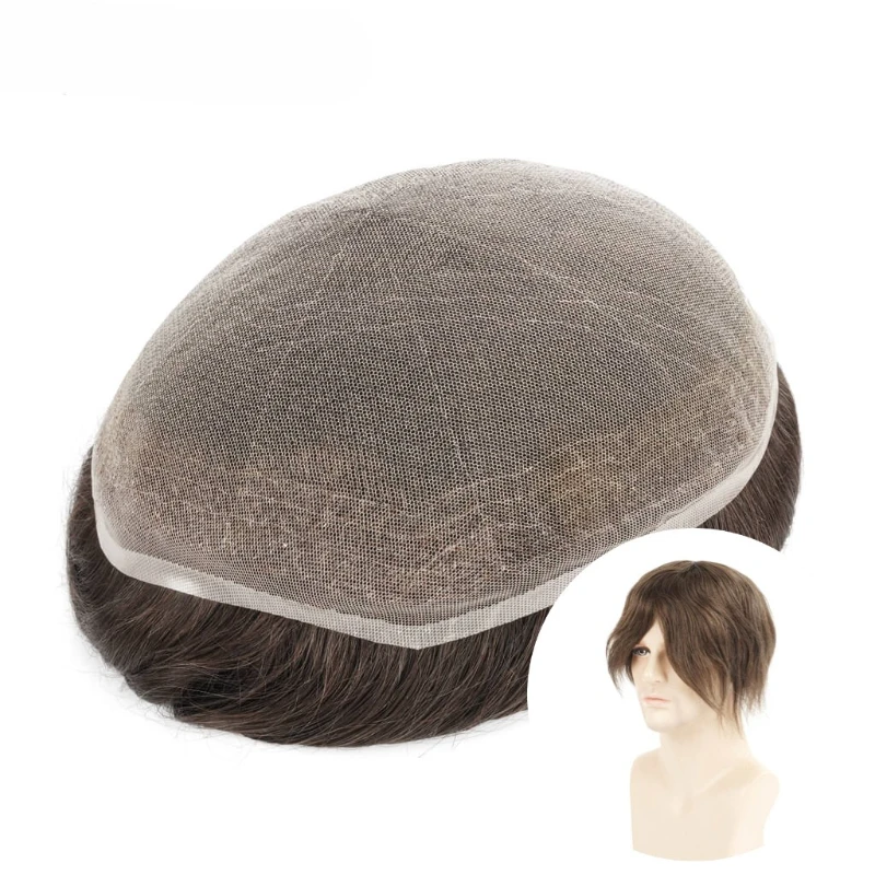 French Lace Base Wig Breathable Male Capillary Prothesis New Full Lace Toupee 100% Human Hair System Bleached Knots Wigs For Man