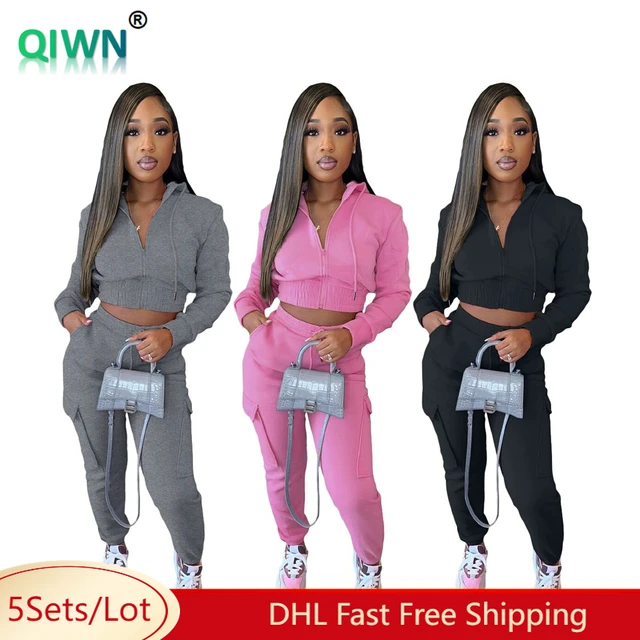 5Sets Bulk Wholesale Lots Transuits Women Casual Hooded Long Sleeve Crop  Coat + Cargo Pants Two