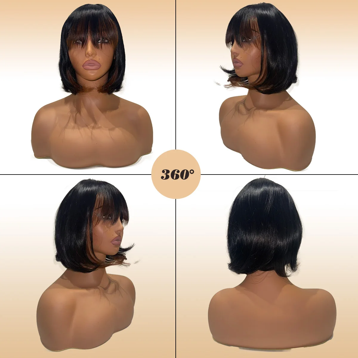 Synthetic chic 10-inch bob wig with bangs, natural black and brown mixed with easy style daily affordable wig