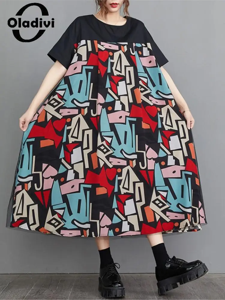 

Oladivi Big Size Women Summer Short Sleeve Fashion Print Mesh Dress Vintage Ladies Casual Loose Oversized Dresses Long Robe 835