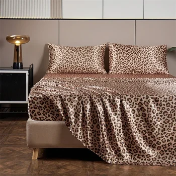 Nuovo Set di lenzuola con stampa leopardata in tessuto di raso Queen lenzuolo con angoli di fascia alta lenzuolo piatto federa Set di lenzuola King Size 1