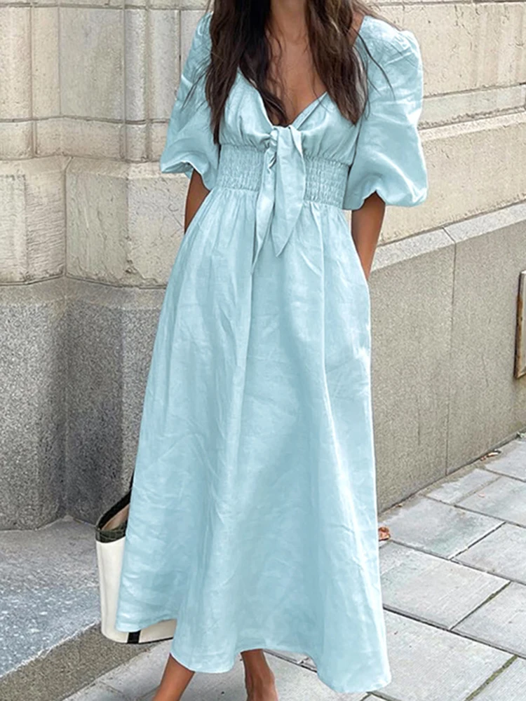 

Elegant Long Dress Women Sexy High Waist V-Neck Dress Summer Casual Short Sleeve Pleated Dress Lady Fashion Blue A-line Dress