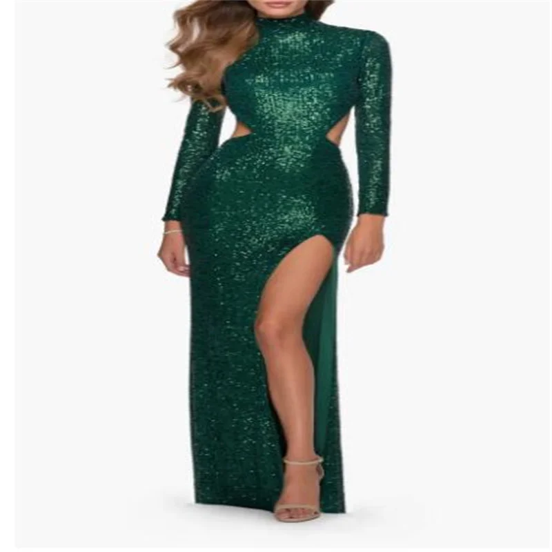 

Emerald Green Sequin Luxury Duba Arabic Mermaid Evening Dress with Long Sleeves Side Split Women Wedding Party Gowns High Nec