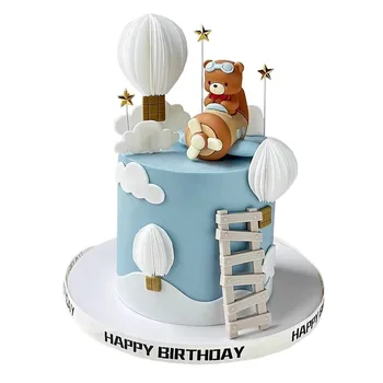 Cartoon Pilot Bear Cake Topper – Aviation Theme Party Decor 1