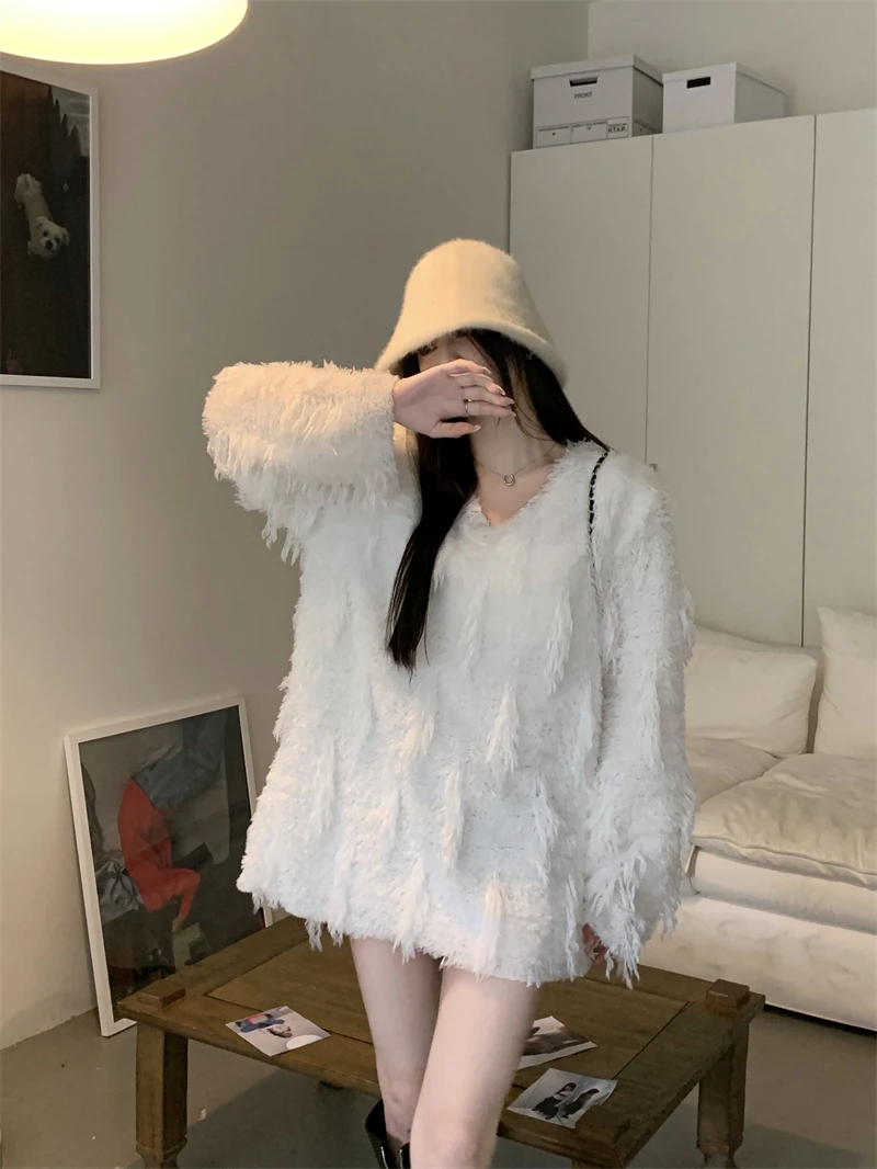 

Модный шерстяной свитер средней длины с длинными рукавами в Корейском стиле Модный дизайнерский темпераментный бархатный топ свободного кроя с бахромой и мехом для женщин