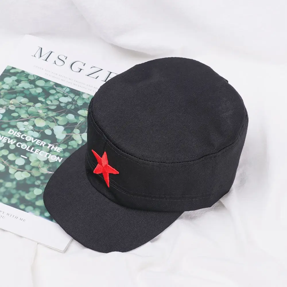 Unisex Cotton Men Cap Spring Summer Beach Outdoor Street Street Cool Church Sunhat Flat Top Hat with Red Star