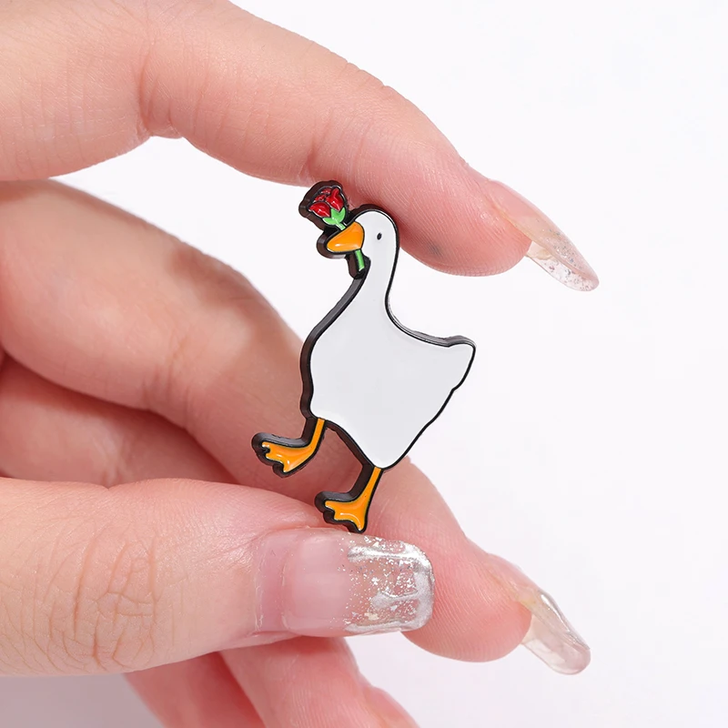 Animal Duck Goose Enamel Pin Rose Bread in His Mouth Brooch Cartoon Badge Backpack Women Men Lapel Friends Jewelry