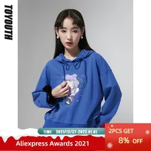 Toyouth Women Sweatshirts 2022 Spring Long Sleeves O Neck Loose Hoodies Klein Blue Galaxy Girl Pattern Chic Casual Pullovers
