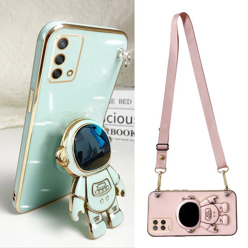 Crossbody Lanyard Plating Case with Silicone Astronaut Holder Cover