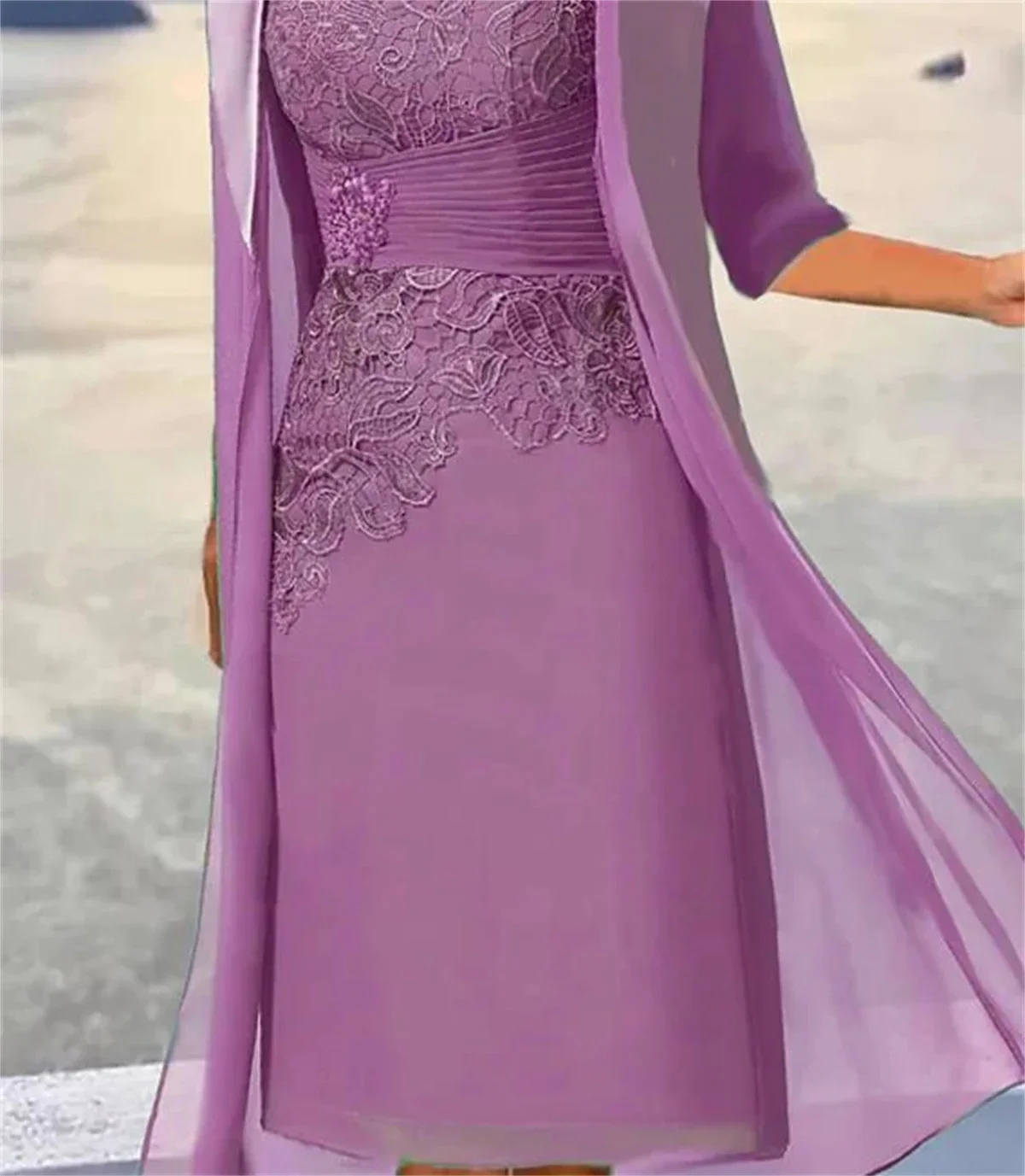 Mother of the Bride Dresses For Weddings Midi Dusty Blue Knee-Length Floral Lace Appliques Layered Ruched فستان - 4