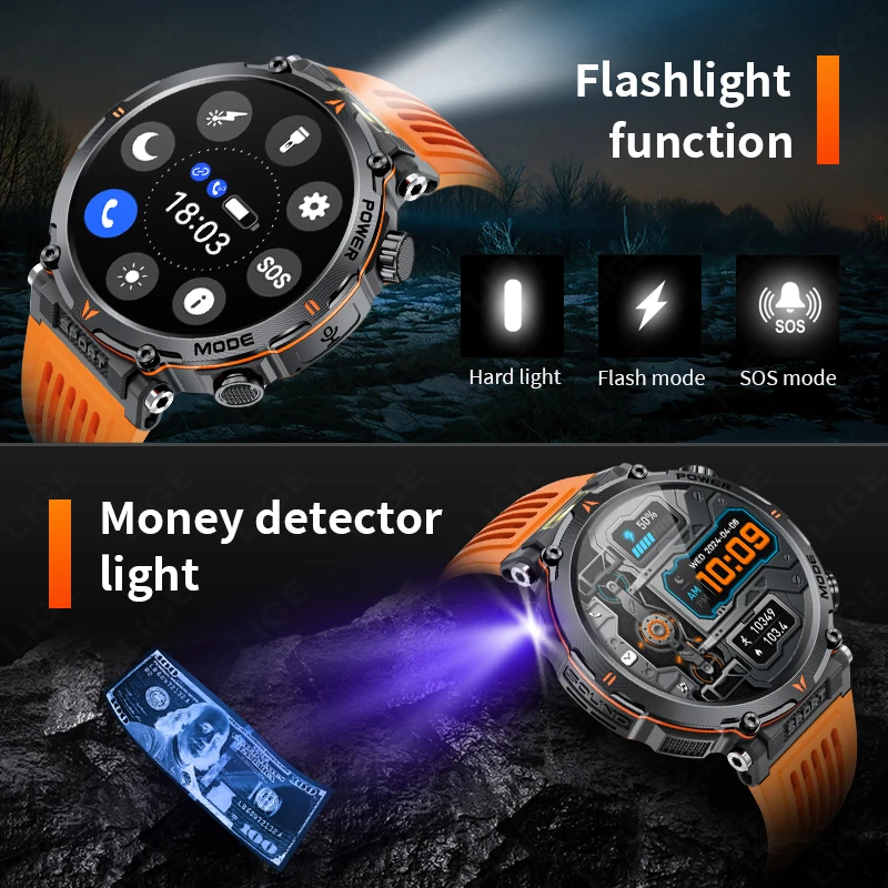LIGE 2025 Military Smartwatch Men IP68 Bluetooth Call Outdoor Sports Fitness Track 600Mah LED Light Smartwatch For Android IOS