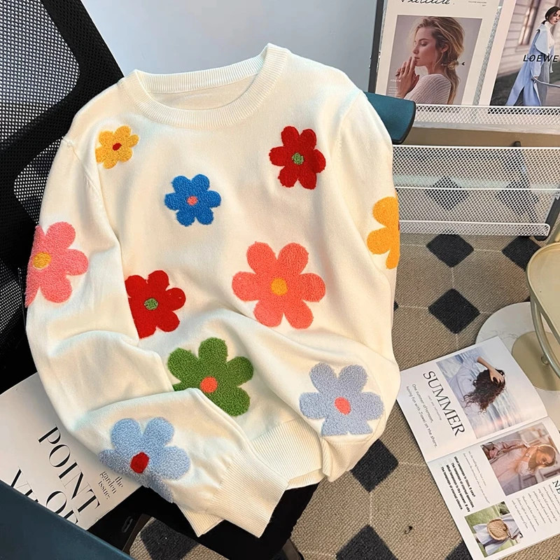 

Autumn and Winter New 3D Colorful Flower Flocking Embroidery Sweater Loose and Slim Round Neck Long Sleeve Knitted Top