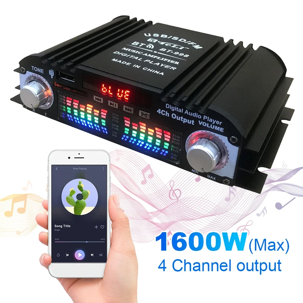 미니 HIFI 디지털 스테레오 앰프, FM 라디오, USB 블루투스 호환, 디지털 HIFI 오디오 스테레오 파워 앰프, FM USB, 1600W 피크 전력