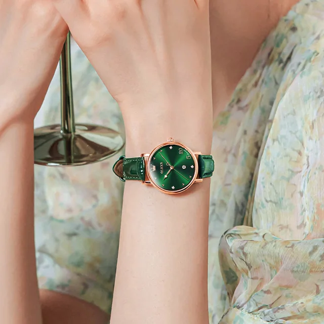 OLEVS Women Watch Luruxy Fashions Original Wristwatch Green Dial Leather Strap Waterproof Women's Watch Elegant Casual Gift Set 5