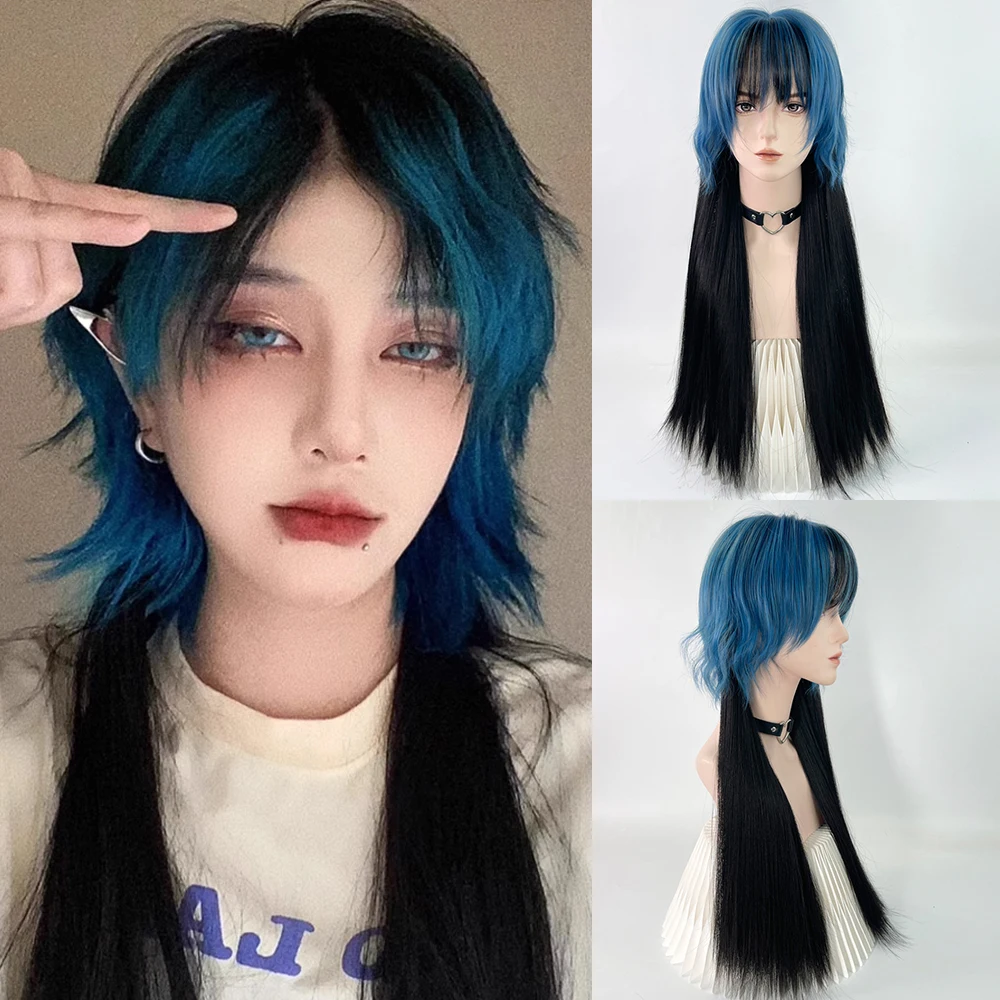 

VICWIG Blue Black Layered Long Wigs with Bangs Synthetic Straight Wavy Women Lolita Cosplay Hair Wig for Daily Party
