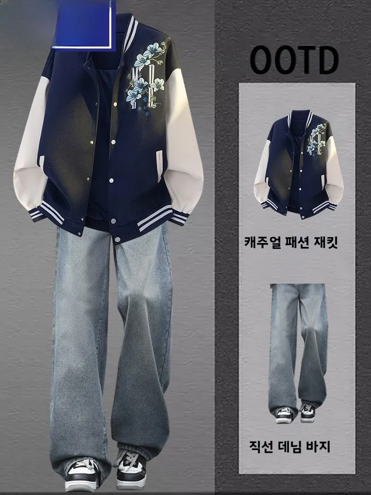 와섭 해피 남성 야구 자켓 및 바지 세트 2026년 봄 자수 긴팔 폴리에스터 섬유 0대에게 적합