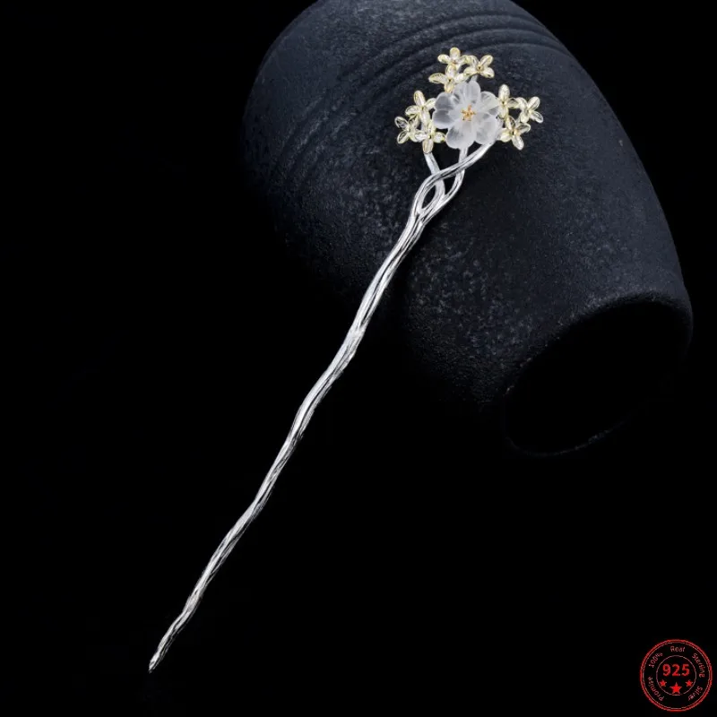 

S925 Sterling Silver Hairpin for Women New Fashion White Crystal Little Flowers Hair-sticks Headwear Hair Accessories Jewelry