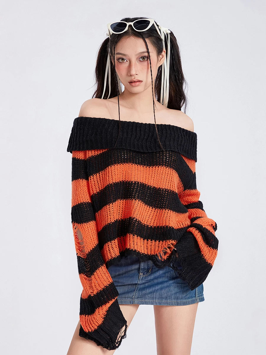

Women's Off Shoulder Knit Pullovers Tops Stripe Print Ripped Long Sleeve Loose Sweaters Gothic Punk Knitwear