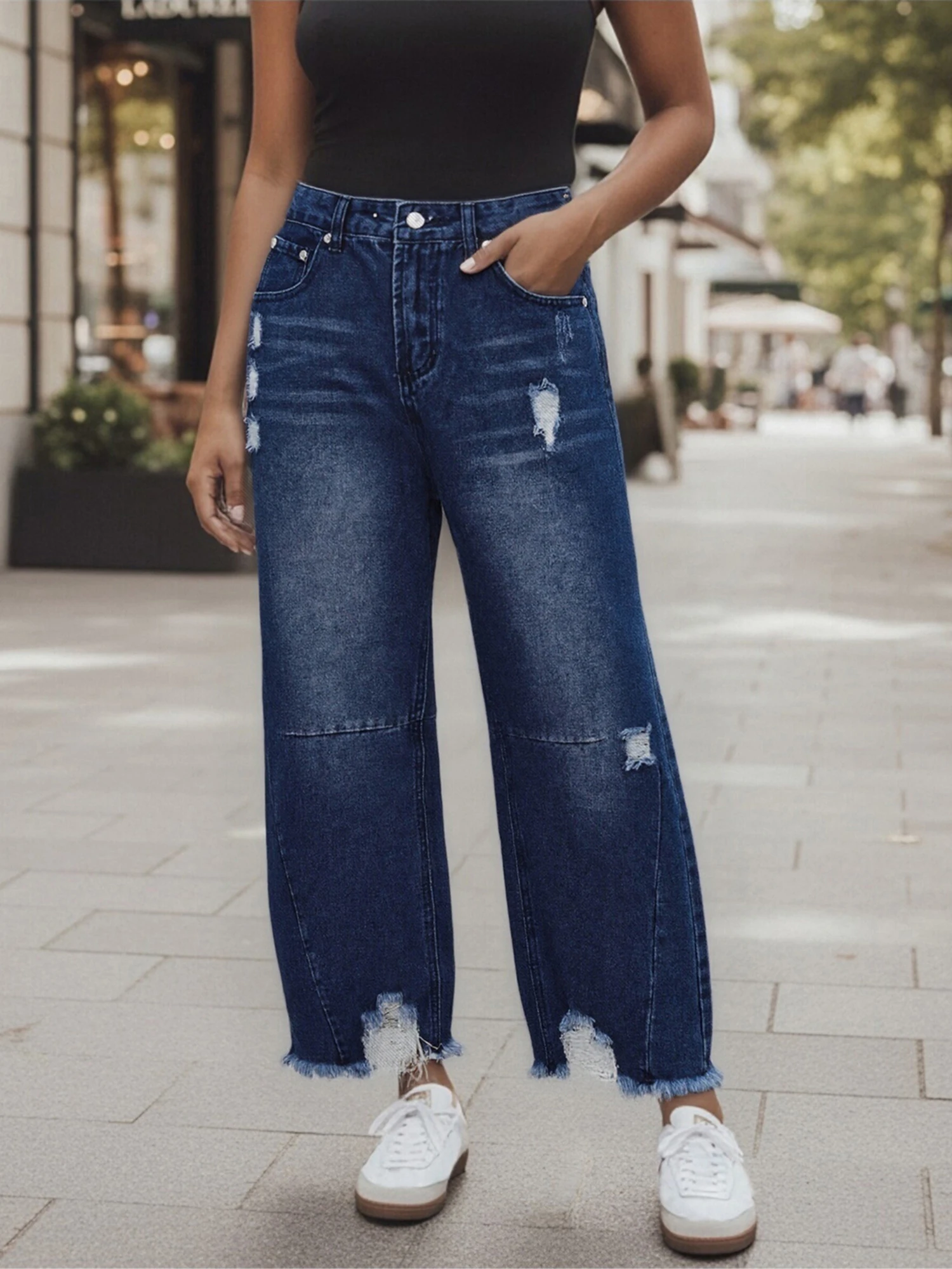 Women s Vintage Distressed High Waisted Baggy Jeans with Frayed Hem and Wide Leg Design for Spring Fashion