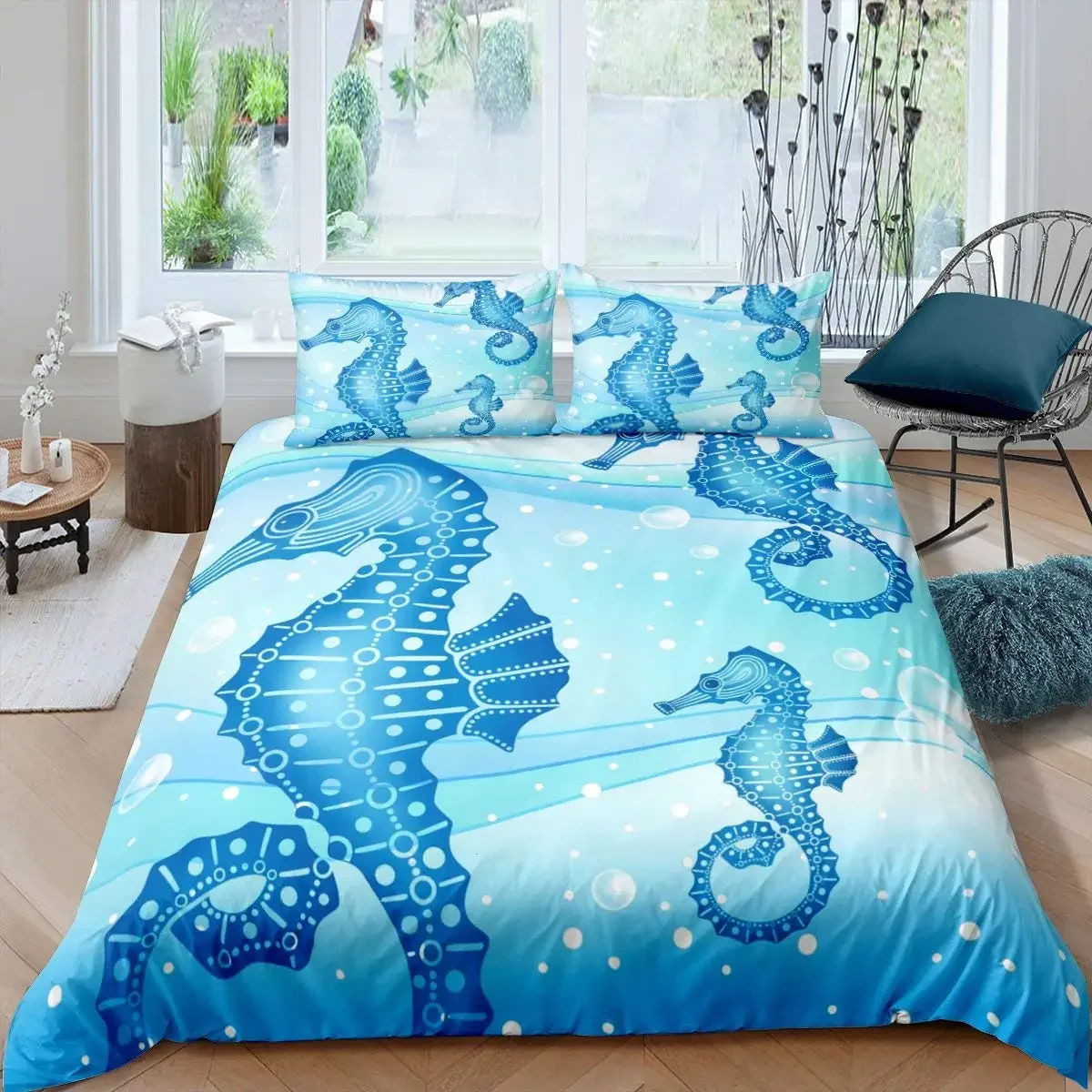 

Seahorse Duvet Cover Printed Bedding Marine Mediterranean Style Teal Ocean Animal Park Theme for Kid Women Gifts