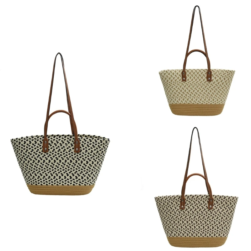 

Casual Woven Colorblock Shoulder Bag Top Handle Beach Handbag for Various Uses