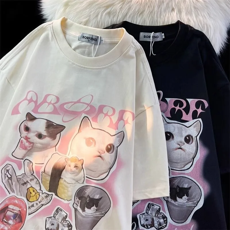 

Retro Cute Cartoon Cat Print T-shirt for Women Pure Cotton Summer Fashion Trend Casual Comfy Couple Short Sleeve Top Harajuku