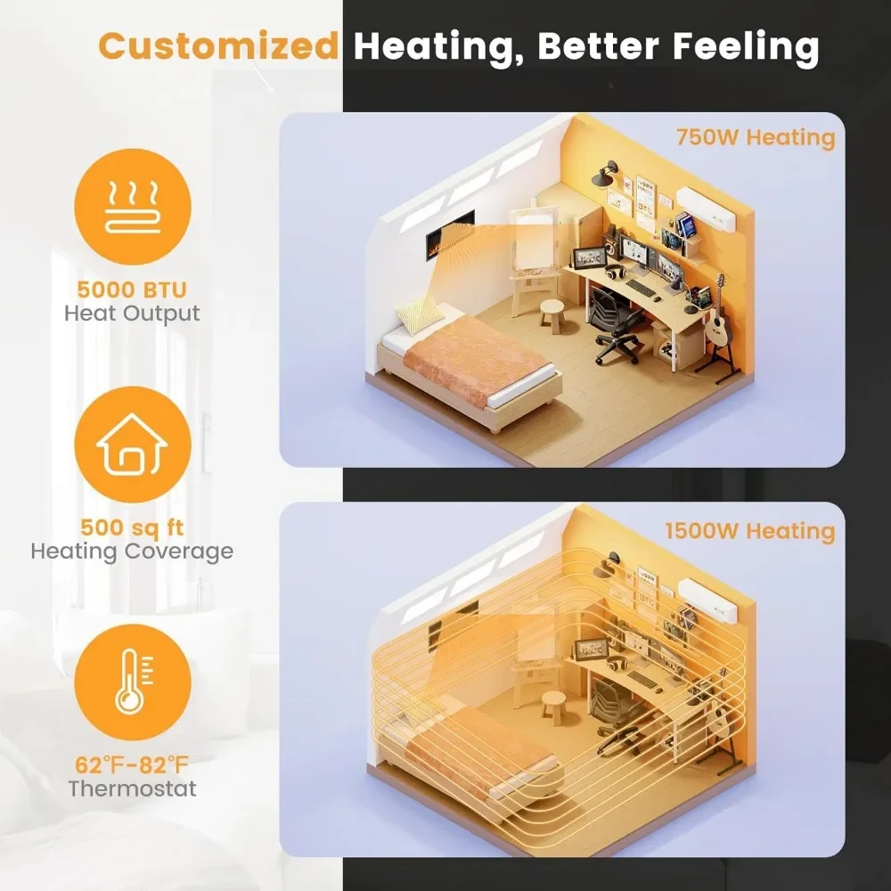 Electric Fireplace in-Wall Recessed, Wall Mounted and Freestanding, 750W/1500W Linear Fireplace Heater with Remote Control