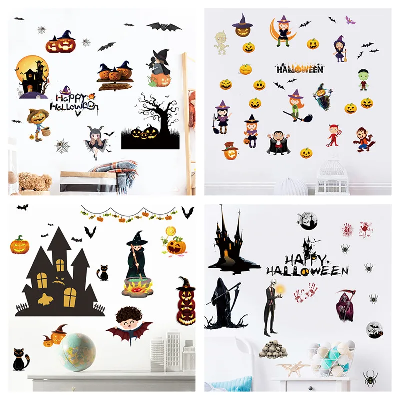 

Pumpkin Cat Witch Bats Ghost Spider Halloween Wall Sticker For Kids Room Home Decoration Diy Festival Poster Hallowmas Decal