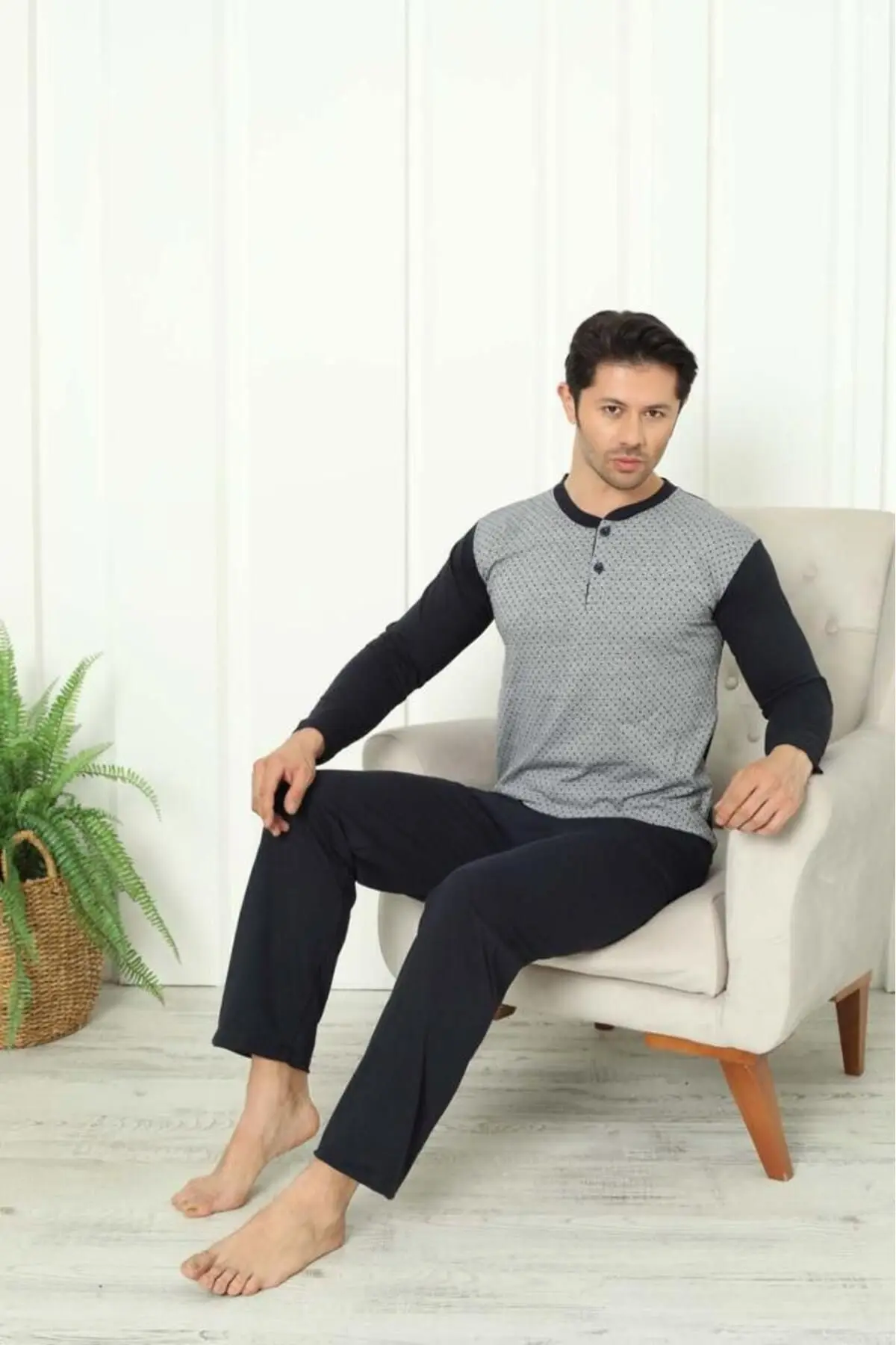 Cotton Combed Jacquard Long Sleeve Men's Pajama Set