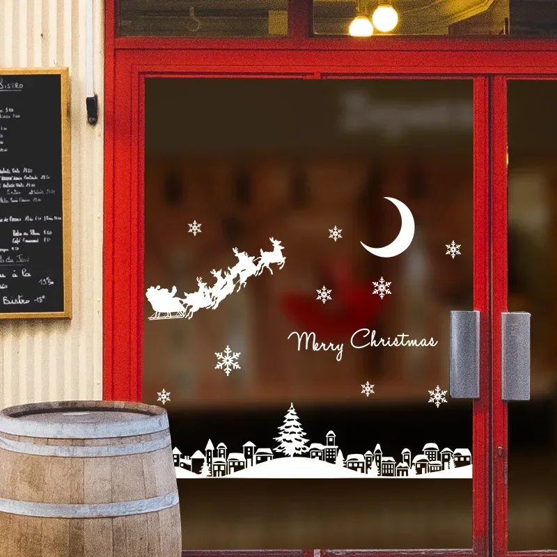 Christmas Elk Snowman Window Stickers Merry Static Mirror Decorations