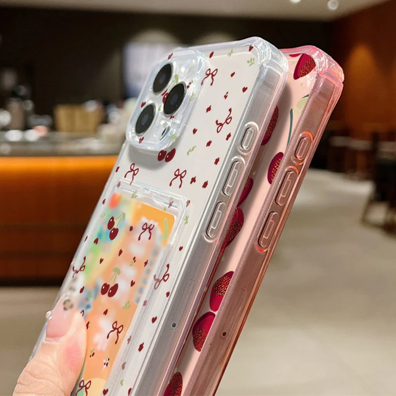 Red Cherry Pattern Shockproof Soft Silicone Phone Cover with Card Slot Pocket