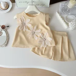 Girls' Summer Floral Short Sleeve Top & Shorts Set - 2 Piece Outfit - 12M (Beige)