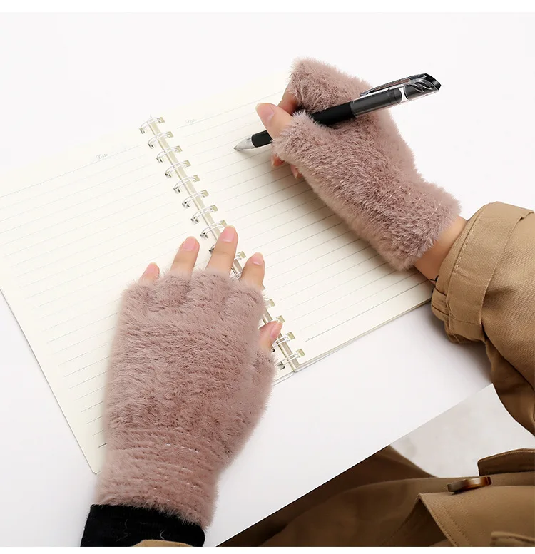 Lovely Fluffy Plush Fingerless Gloves Students Write Type Women Mink Soft Winter Warm Half Fingers Gloves Girls Knitted Mittens