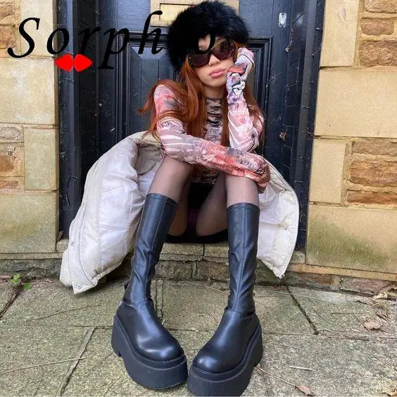 Platform Boots For Women Knee High Med Calf Chunky Heel Fashion Girls Shoes Autumn Summer Boots Slip On Goth platform boots women boots