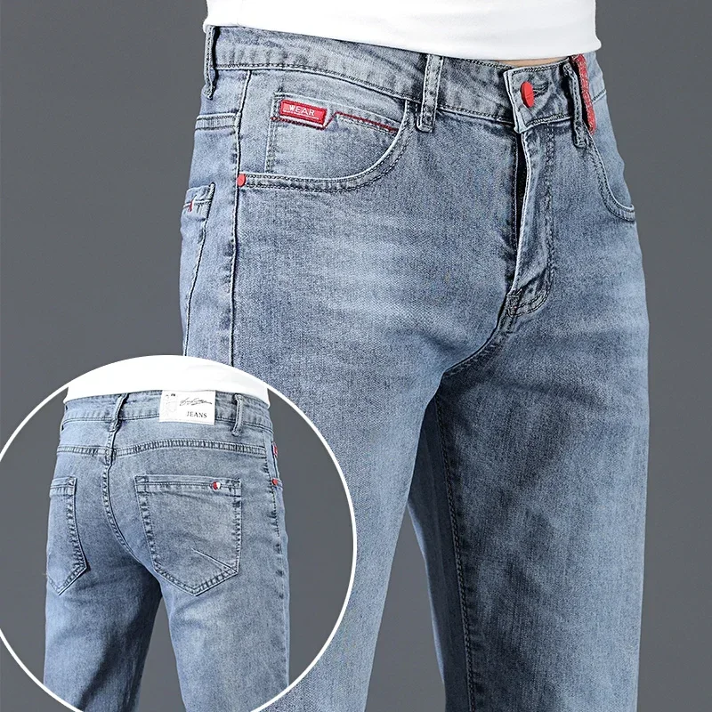 2025 New Men's Cotton Business Casual Skinny Jeans Trendy Fashionable Stretch Straight Slim Denim Trousers Male Blue Grey 1