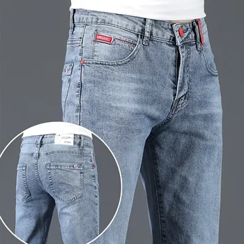 2025 New Men's Cotton Business Casual Skinny Jeans Trendy Fashionable Stretch Straight Slim Denim Trousers Male Blue Grey 1