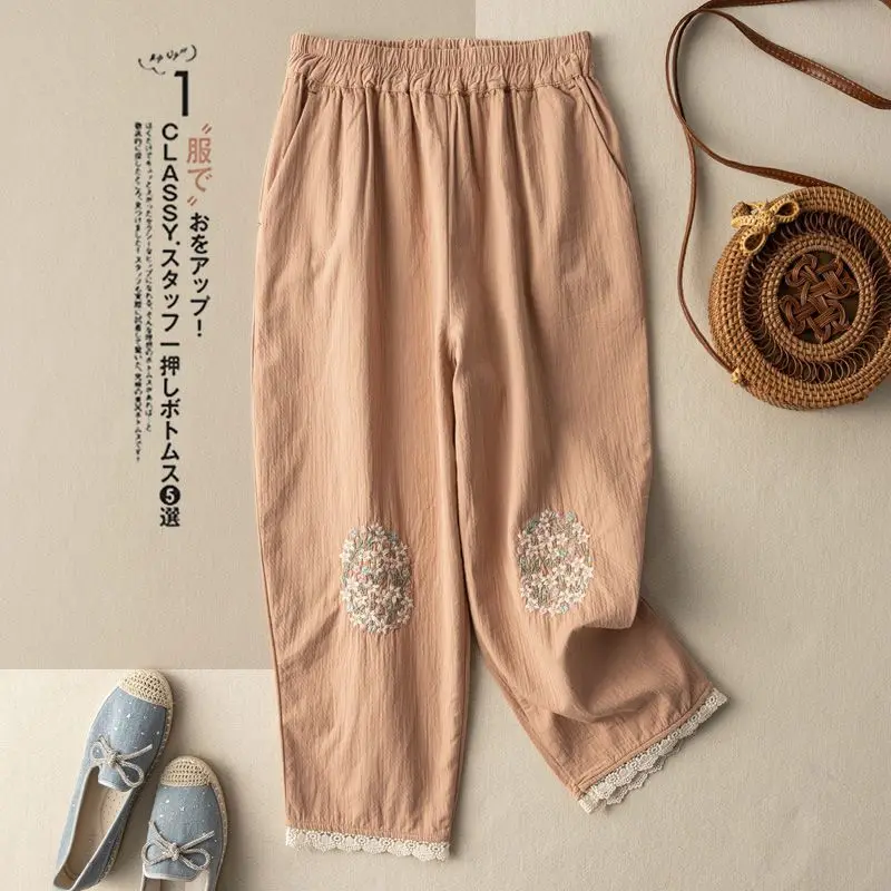 

2023 summer new Cotton linen lantern pants literary lace patchwork embroidered harem pants summer loose casual pants